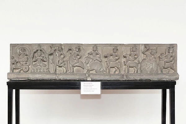 Stone bas relief with the nine deities, Khmer art, Preah Ko style, Prasat Lolei in Cambodia, 10th century AD (stone)