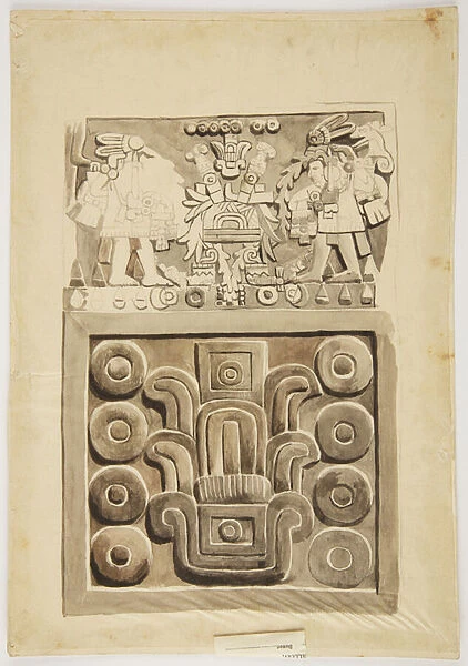 A stone relief from Mexico City showing at the top, two figures of warriors facing a