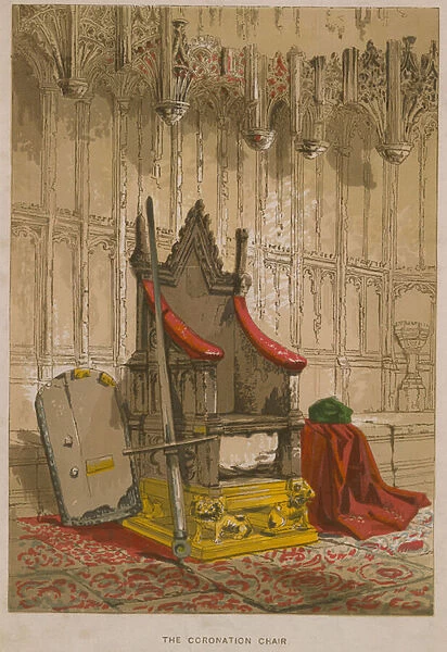 The Stone of Scone in the Coronation Chair (coloured engraving)