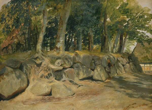 The Stone Wall in Sottorf, 1839 (oil on paper on card)