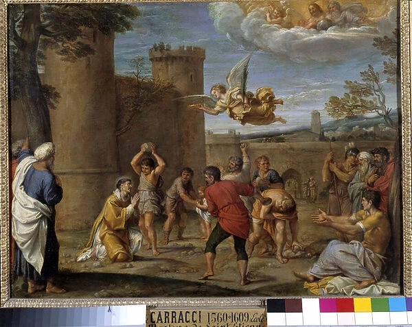 The stoning of St. Stephen: St. Stephen (Stephane), was the first Christian martyr who died by stoning in 36 AD. JC. Painting by Annibale Carracci or Annibal Carrache (1560-1609). 16th century. Dim 0, 42 x 0, 54 m Paris