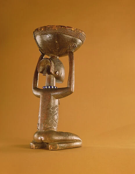 Stool with a kneeling female caryatid, Democratice Rupublic of the Congo (wood & glass beads)