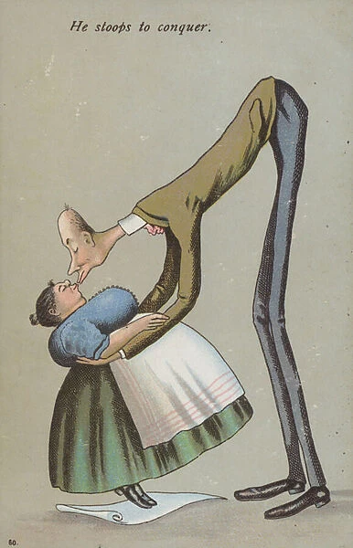 He Stoops To Conquer - tall man kissing short woman (colour litho)