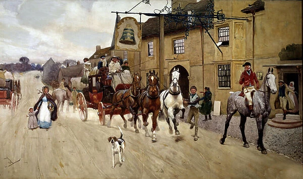 Stop the diligence in front of the inn of the bell in Stilton Watercolour by Cecil Aldin