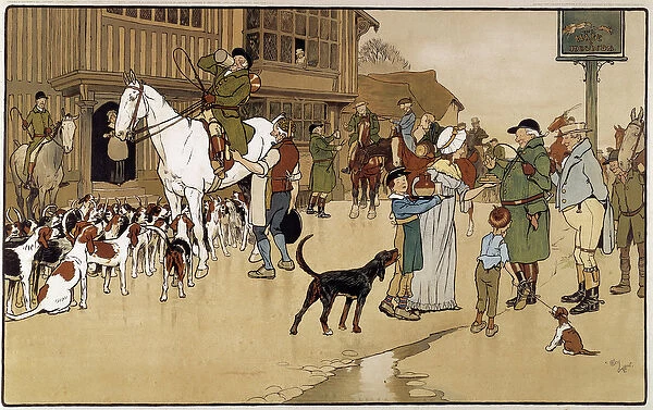 Stop at the inn during a hare hunt. Watercolour by Cecil Aldin (1870-1935), 19th century