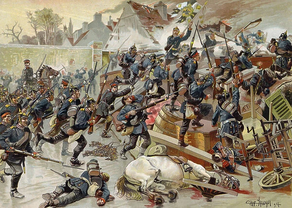 Storming of the great barricade at the entrance to Le Bourget by the Queen Elisabeth 3rd Regiment of Grenadier Guards, Franco-Prussian War, 30 October 1870 (chromolitho)