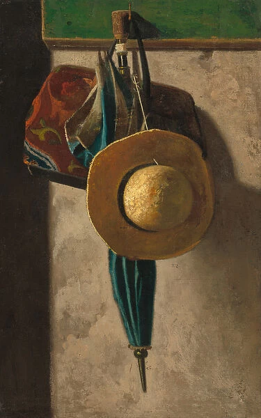Straw Hat, Bag and Umbrella, c. 1900 (oil on fabric transferred from canvas board)
