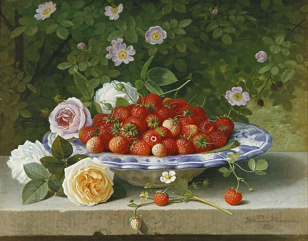 Strawberries in a Blue and White Buckelteller with Roses and Sweet Briar on a Ledge