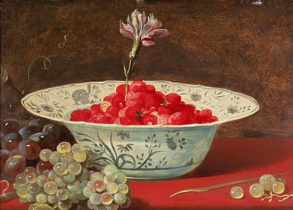Strawberries with a Carnation (oil on panel)
