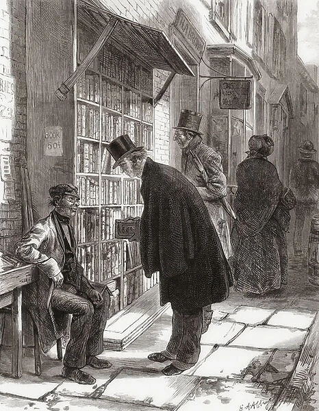 A street bookstall in New York, 1874 (engraving)