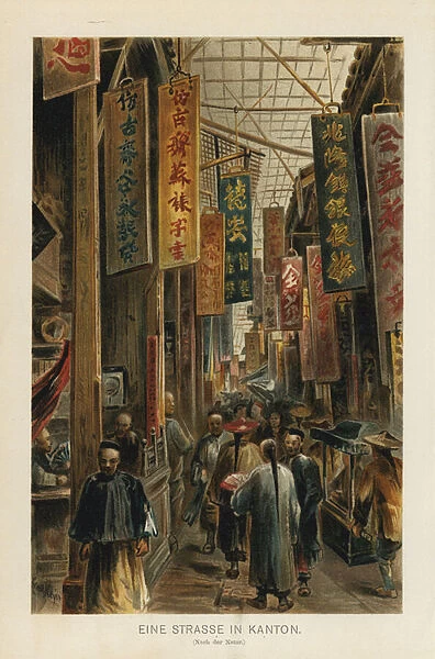 A street in Canton, China (colour litho)