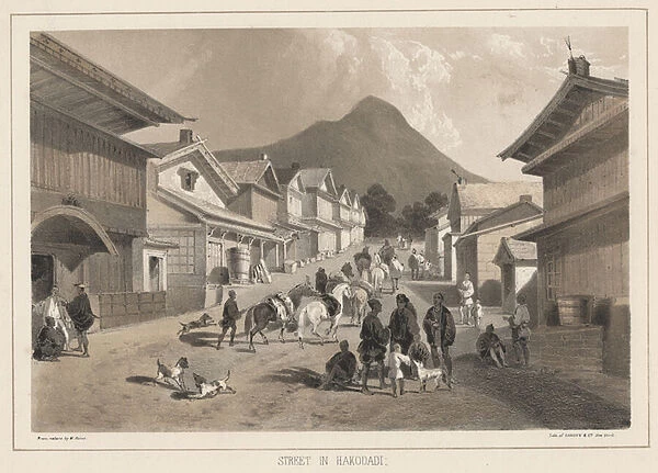 Street in Hakodadi, litho by Sarony & Co. 1855 (chromolitho)