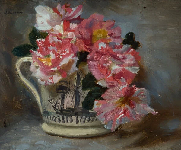 Striped Roses in a Ship Mug (oil on canvas)