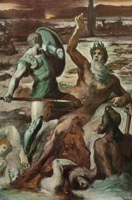 Framed Print : The struggle of Achilles and the Scamander River. Illustration by Clement Gontier (1876-1918) for Homeres The Iliad'(Omero). Paris, Henri Laurens, 1930 Framed Print : The struggle of Achilles and the Scamander River. Illustration by Clement Gontier (1876-1918) for Homeres The Iliad'(Omero). Paris, Henri Laurens, 1930
