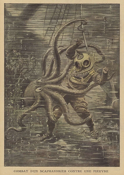 Struggle between a deep sea diver and a giant octopus (colour litho)