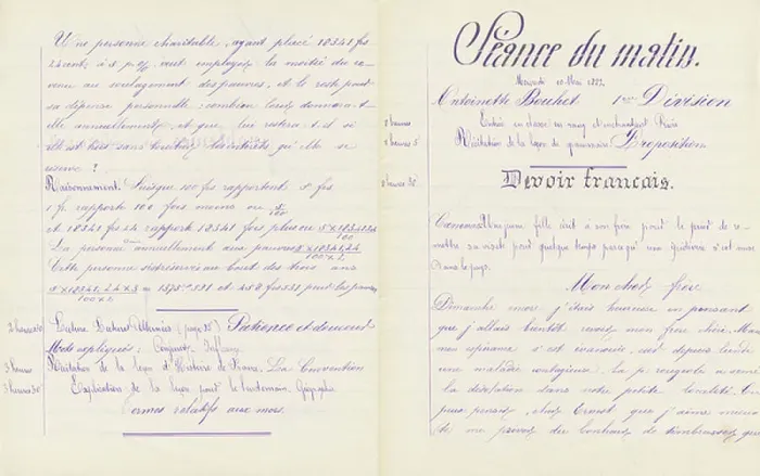 Framed Print : Student notebook: continuation of problems, French homework (redaction), 1882 (handwritten) Framed Print : Student notebook: continuation of problems, French homework (redaction), 1882 (handwritten)