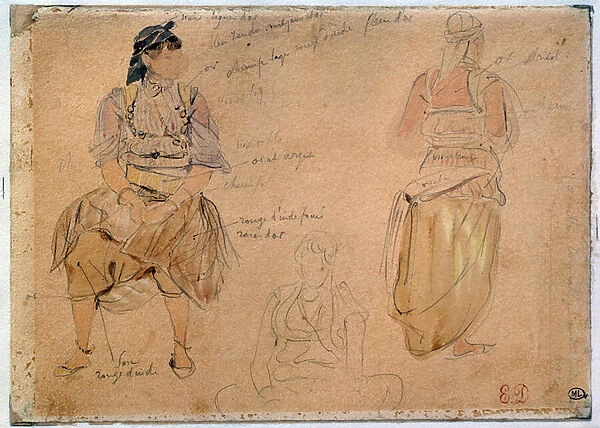 Studies of Arab Women Drawing a lead mine with watercolour highlights by Eugene Delacroix