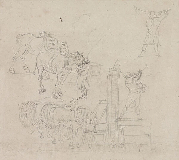 Studies of a carter pumping water for his horses (pencil on paper)