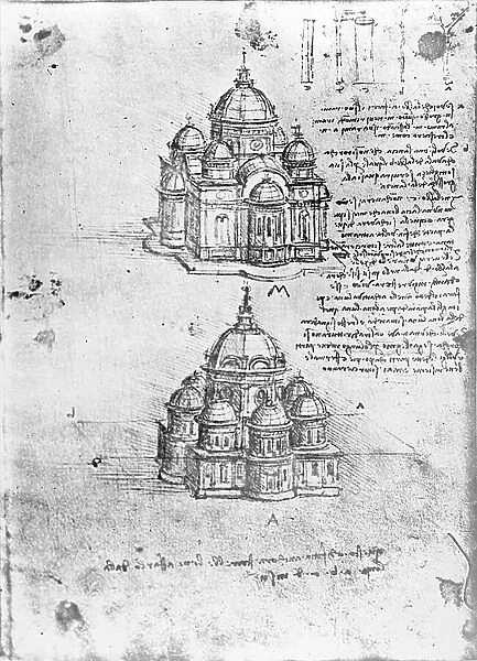 Studies of central plan buildings, folio 17v from Paris Manuscript B, 1488-90 (pen & ink on paper)