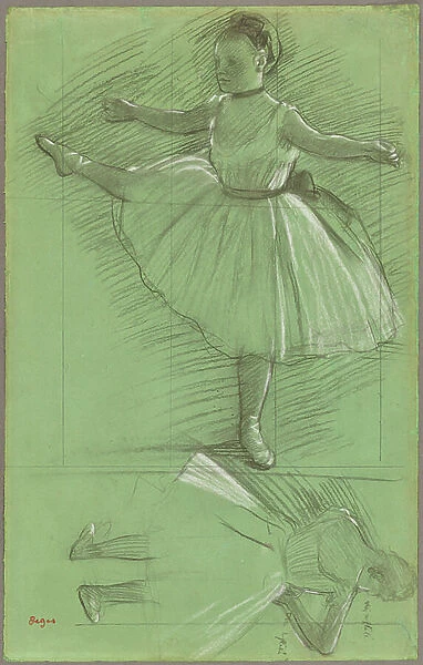 Two Studies of Dancers, c. 1873 (black and white chalk on green paper)