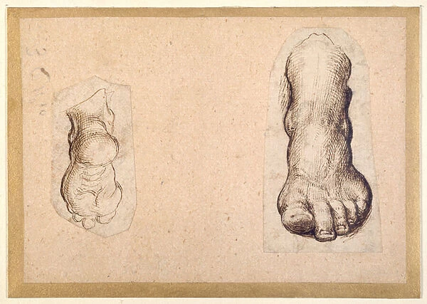 Two studies of a foot in foreshortening (pen & ink on paper)