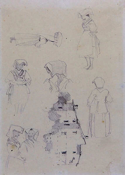 Studies of Peasant Women near Sarzana, 1826 (pencil on paper)