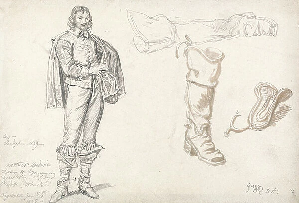 Studies of a Standing Figure, and a Boot, 1825 (graphite & sepia wash on paper)
