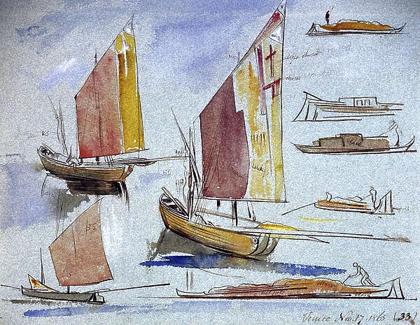 Studies of Venetian boats, with full sail and mooring. Coloured watercolor drawing, by Edward Lear (1812-1888)