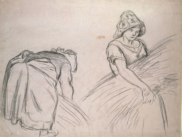 Study of Two Female Harvesters, 1882 (black chalk on pink paper with white)