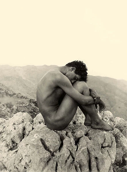 Study of a male nude on a rock, Taormina, Sicily, c. 1900 (sepia photo)
