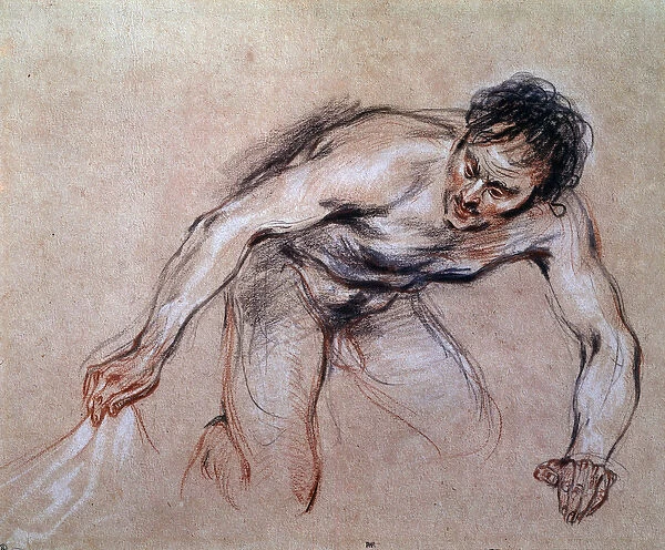 Study of a naked man kneeling pulling a drapery Drawing a la sanguine by Jean Antoine