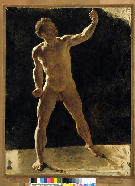 Study of a naked man raising his fist. Anonymous painting. Musee Granet, Aix en provence