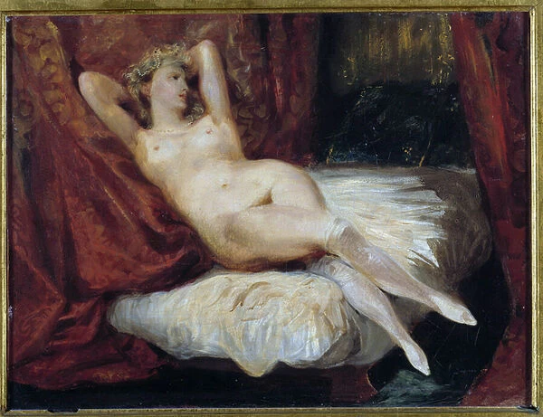 Study of naked woman lying on a couch said the woman with white stockings Painting by