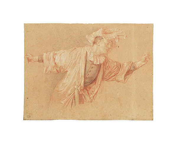 Study for Scaramouche, his arms outstretched, c. 1707 (red, black and white chalk, on light gray paper)