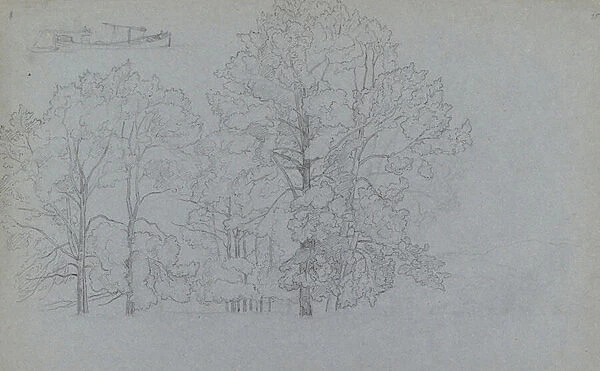 Study of trees, with a slight study of a barge, 1859 (pen