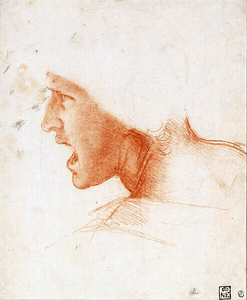 Study of a Warriors Head for the Battle of Anghiari - Leonardo da Vinci (1452-1519) - 1504-1505 - Sanguine on paper - 22, 6x18, 6 - Szepmuveszeti Muzeum, Budapest