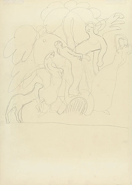 Study of Worshippers and Dancers with Calf, for the Cave of the Golden Calf (graphite