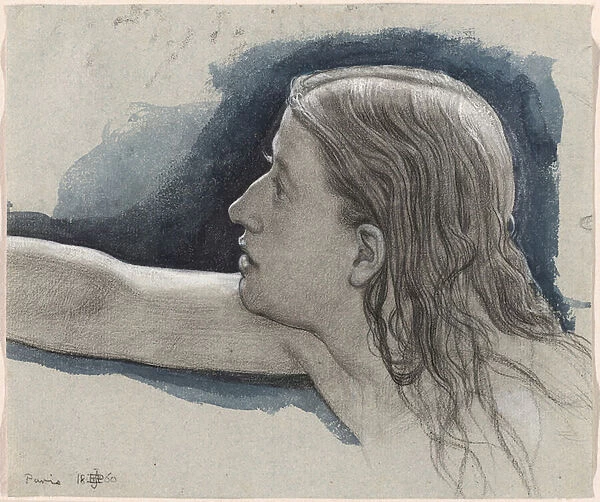 Study of a Young Mans Head with Right Arm Outstretched, 1860 (black chalk and w  /  c on paper)