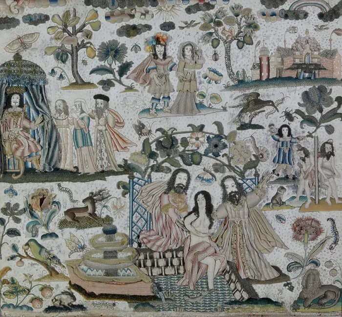 Framed Print : A stumpwork panel depicting Susannah and the Elders, c.1640-1680 (stumpwork)