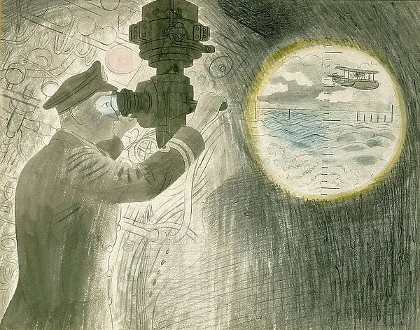 A submarine (submarine) officer looking through the periscope. Watercolor and pencil on paper, 1940, by Eric Ravilious (1903-1942)
