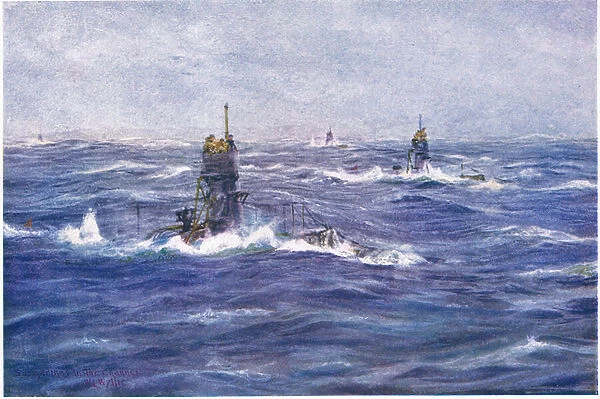 Submarines in the Channel, 1915 (colour litho)