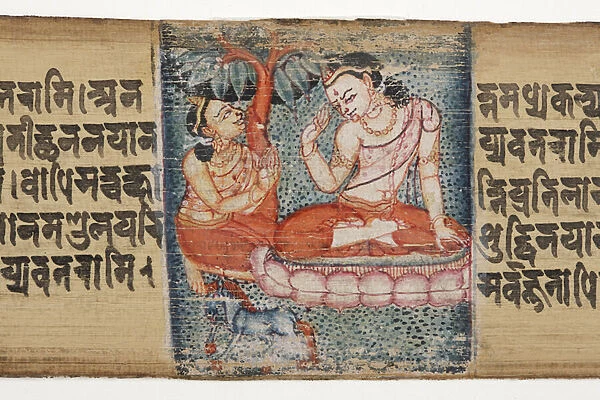 Sudhana kneeling before a bodhisattva, from the Gandavyuha (opaque w  /  c & ink on palm leaf