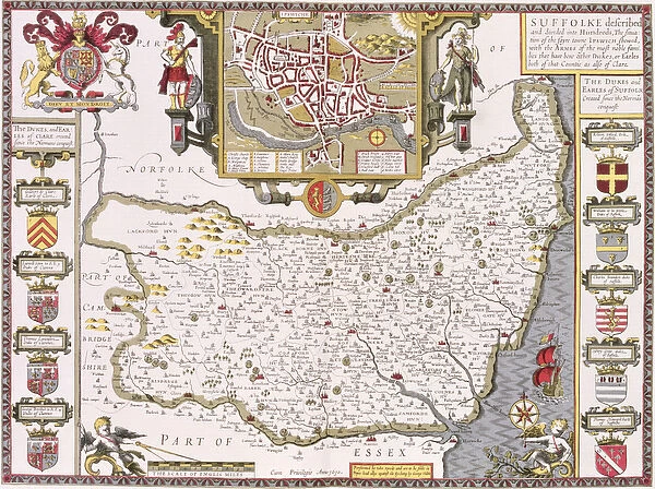 Suffolk and the situation of Ipswich, engraved by Jodocus Hondius (1563-1612)