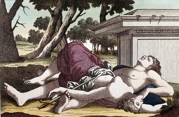 The suicide of Pyramus (Pirame) under the murier and the death of Thisbe