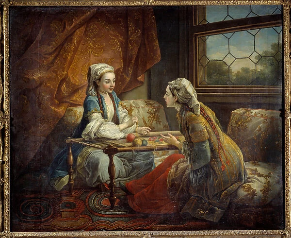 Two sultans working in a tapestry. Painting of the French school, 1754