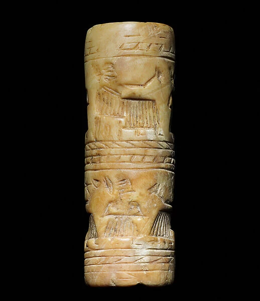 A Sumerian shell cylinder seal, circa 2500-2334 B. C