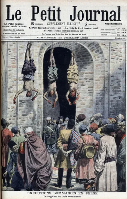 Framed Print : Summary execution of three condemned men in Iran, engraving, 12 July 1908, the Peute Journal - Perse (Iran) (Nationalists executed by order of the Shah) Executions summary en Persia en 1908 Framed Print : Summary execution of three condemned men in Iran, engraving, 12 July 1908, the Peute Journal - Perse (Iran) (Nationalists executed by order of the Shah) Executions summary en Persia en 1908