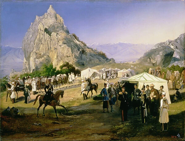 The Summer Camp of the Regiment of Nizhegorodsky Dragoons near Karagach (oil on canvas)