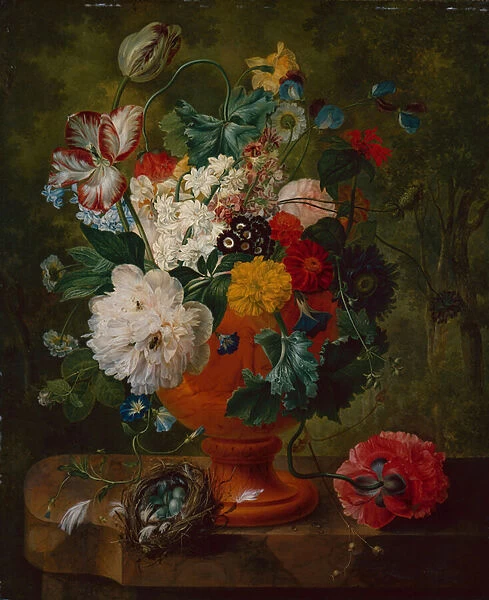 Summer Flowers in an Urn with a Bird Nest on a Marble Ledge (oil on canvas)