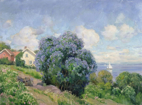 Summer landscape with lilac bush, house and sailing boat (oil on canvas)